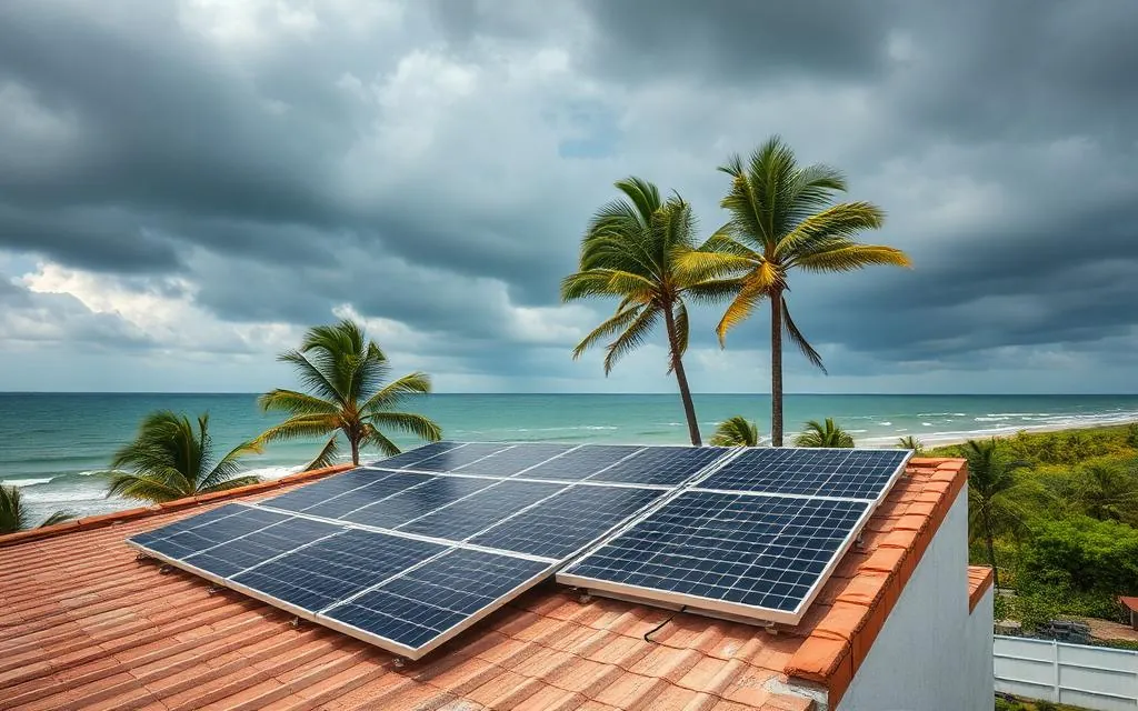 Solar panels installed on a coastal Brownsville rooftop withstanding Gulf winds