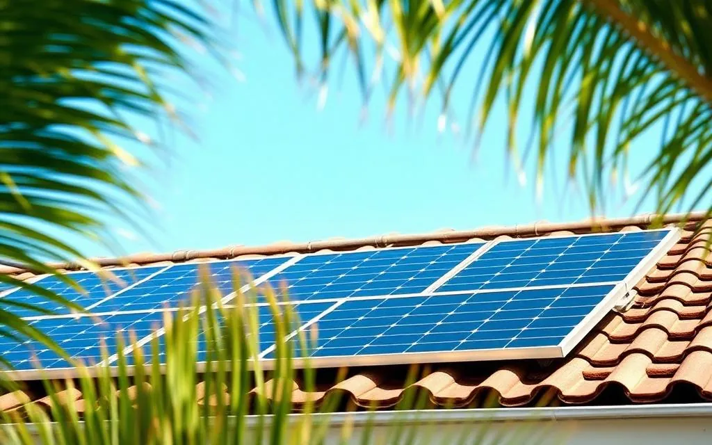 Residential solar panels on a Brownsville tile-roof home with palm trees