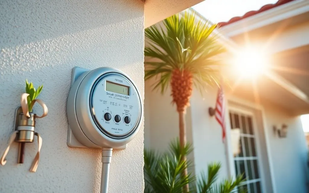Power meter on a coastal Brownsville home showing solar generation feeding the grid